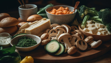 Healthy vegetarian gourmet meal with fresh organic ingredients on rustic table generated by artificial intelligenceの素材