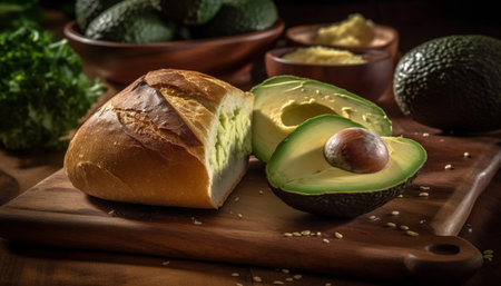 Rustic vegetarian sandwich with fresh guacamole on ciabatta bread slice generated by artificial intelligenceの素材