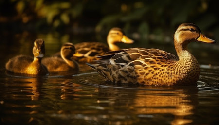 Multi colored duckling swimming in tranquil pond, reflecting beauty in nature generated by artificial intelligenceの素材