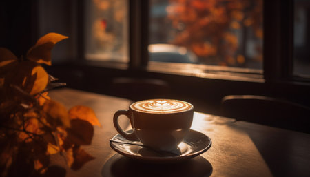 Rustic coffee shop table with frothy drinks and autumn leaves generated by artificial intelligenceの素材