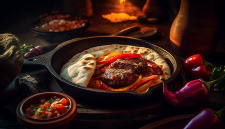 Grilled beef taco with guacamole, tomato, and cilantro on flatbread generated by artificial intelligenceの素材