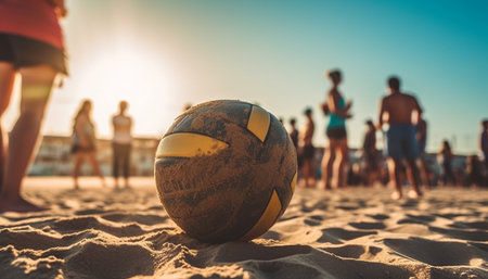 Group of people playing volleyball on the sandy beach generated by artificial intelligenceの素材