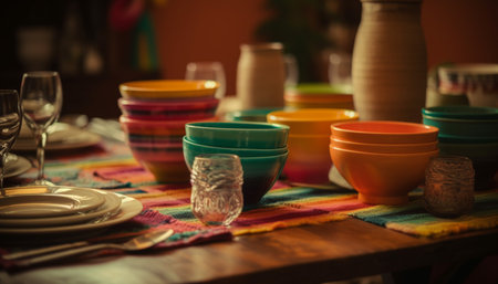 Vibrant crockery collection on wooden table showcases cultural creativity generated by artificial intelligenceの素材