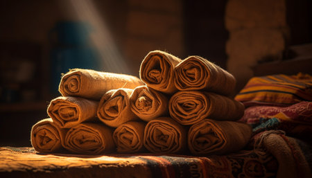 Stack of rolled up spice towels for home interior decoration generated by artificial intelligenceの素材