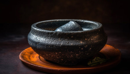 Rustic pottery jar for grinding organic spices in old kitchen generated by artificial intelligenceの素材