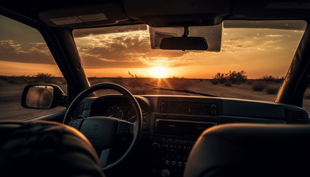 Driving on multiple lane highway, sunset sky back lit silhouette generated by artificial intelligenceの素材