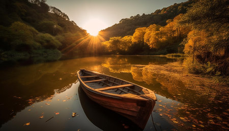 Tranquil scene of nautical vessel on vibrant blue water at sunset generated by artificial intelligenceの素材