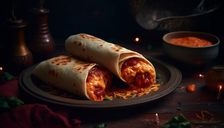 Homemade beef taco on a plate with fresh tomato salsa generated by artificial intelligenceの素材