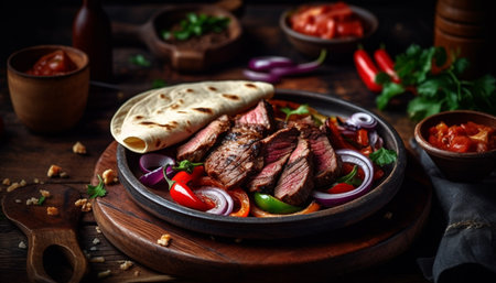 Grilled beef steak with fresh tomato and rustic vegetables on plate generated by artificial intelligenceの素材
