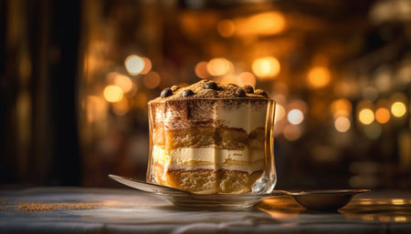 A rustic plate of homemade tiramisu with whipped cream icing generated by artificial intelligenceの素材