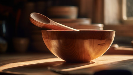 Rustic wooden kitchenware department showcases earthenware pottery and ceramics collection generated by artificial intelligenceの素材
