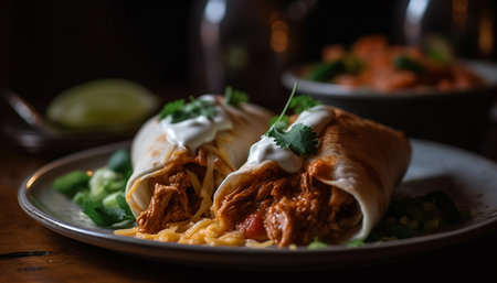 Freshly cooked gourmet Mexican meal on wooden plate with beef, pork, and vegetables generated by artificial intelligenceの素材