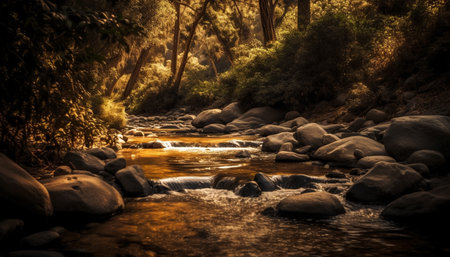 Tranquil scene of flowing water in a lush tropical rainforest generated by artificial intelligenceの素材
