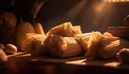 Organic dim sum wrapped in a leaf, served on rustic table generated by artificial intelligenceの素材