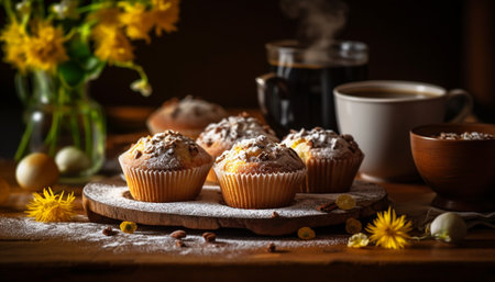 Homemade gourmet muffin, baked with chocolate and blueberries on rustic table generated by artificial intelligenceの素材