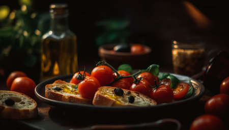 Fresh vegetarian ciabatta appetizer with grilled mozzarella and cherry tomato generated by artificial intelligenceの素材