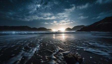Tranquil scene of mountain range reflected in blue water at dusk generated by artificial intelligenceの素材