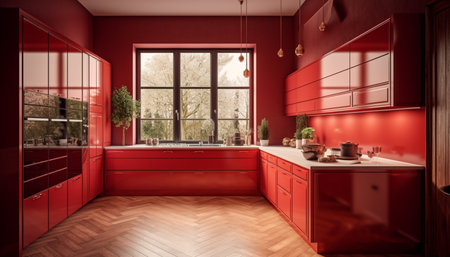 Modern luxury kitchen with elegant wood flooring and stainless steel appliances generated by artificial intelligenceの素材