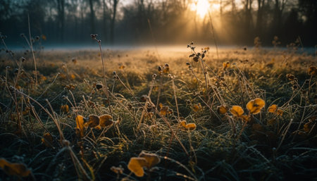 Tranquil meadow glows in sunset, wildflowers bloom in yellow generated by artificial intelligenceの素材