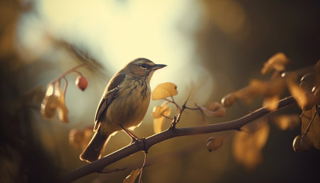 Small bird perching on branch, singing in tranquil forest scene generated by artificial intelligenceの素材