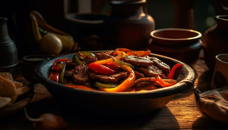 Grilled meat and vegetable stew on rustic wooden table generated by artificial intelligenceの素材