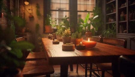 Comfortable modern living room with rustic wood furniture and green decor generated by artificial intelligenceの素材