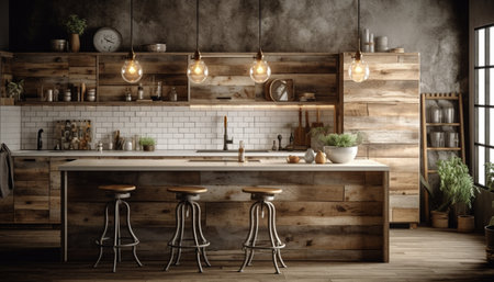 Modern rustic elegance in luxurious loft apartment with hardwood flooring generated by artificial intelligenceの素材