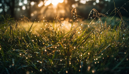 Vibrant green meadow in summer, dew drops on blades of grass generated by artificial intelligenceの素材