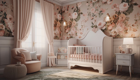 Comfortable modern bedroom design with cute crib and pink decor generated by artificial intelligenceの素材