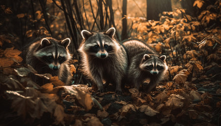 Playful puppy and raccoon sitting in autumn forest, alertness shown generated by artificial intelligenceの素材