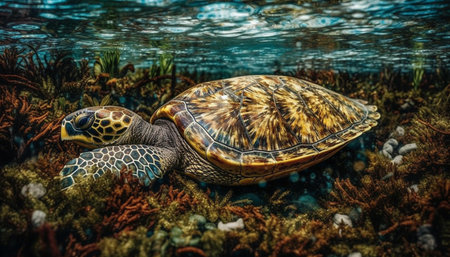 Slow swimming turtle in tranquil underwater reef, a beauty in nature generated by artificial intelligenceの素材