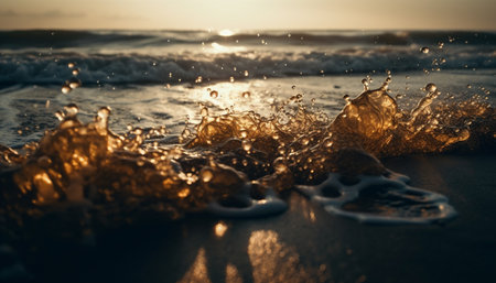 Tranquil seascape at dawn, liquid waves reflect golden sunlight generated by artificial intelligenceの素材
