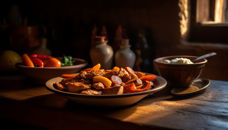 Rustic table with healthy vegetarian meals, fresh vegetables and homemade cooking generated by artificial intelligenceの素材