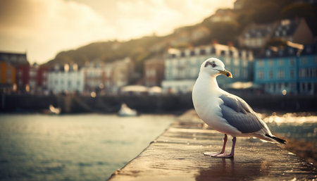 Seagull perched on jetty, beak in focus, overlooking tranquil sea generated by artificial intelligenceの素材