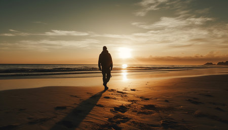 Silhouettes of men and women exercising on the beach at sunset generated by artificial intelligenceの素材