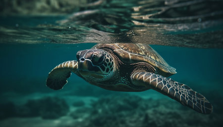Large green sea turtle swimming in tranquil underwater reef environment generated by artificial intelligenceの素材