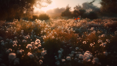 Vibrant wildflower meadow in natural beauty, backlit by sunset generated by artificial intelligenceの素材