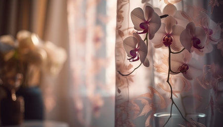Abstract floral elegance illuminates modern home interior with pink orchids generated by artificial intelligenceの素材