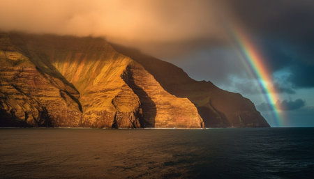 Majestic mountain range, tranquil seascape, eroded sandstone, natural beauty generated by artificial intelligenceの素材