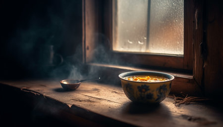 Rustic table with fresh meal, crockery, and hot drink steam generated by artificial intelligenceの素材