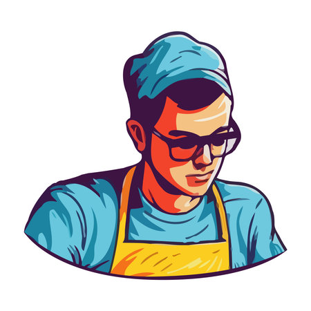 Cheerful chef working, smiling, wearing apron and eyeglassesのイラスト素材