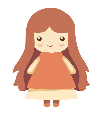 Cute cartoon doll in a dress, smiling with long brown hairのイラスト素材