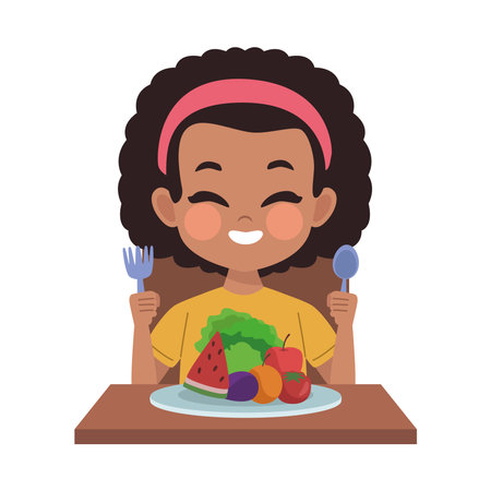 young girl eating vegan foodのイラスト素材