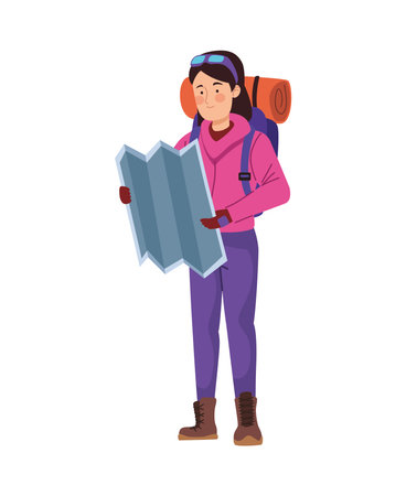 woman hiker with paper map and backpackのイラスト素材