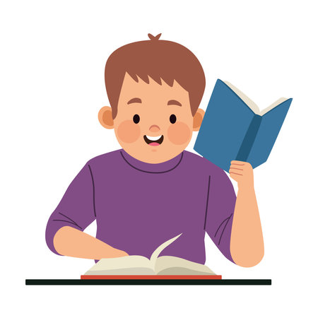 little boy studying with booksのイラスト素材