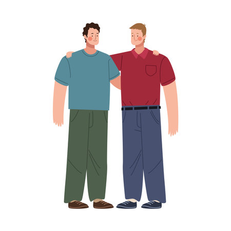 smiling men hugging charactersのイラスト素材