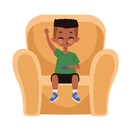little boy playing video gameのイラスト素材