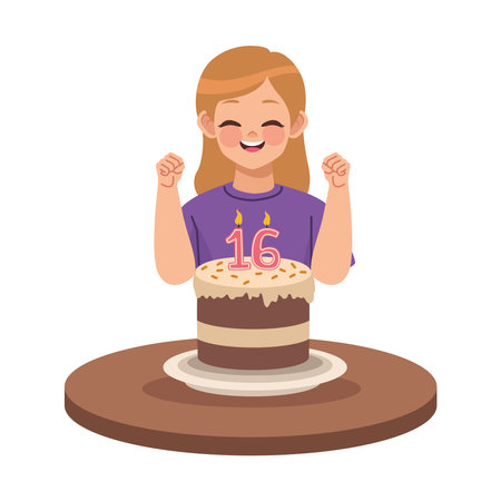 girl and birthday sixteen cake celebrationのイラスト素材