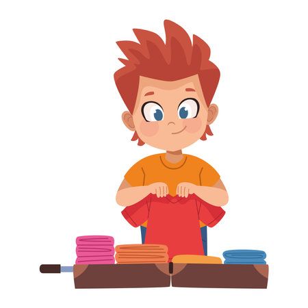 Red Haired Boy Packing Clothes in Suitcaseのイラスト素材