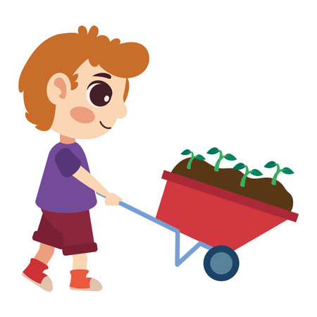 Boy pushing wheelbarrow loadのイラスト素材